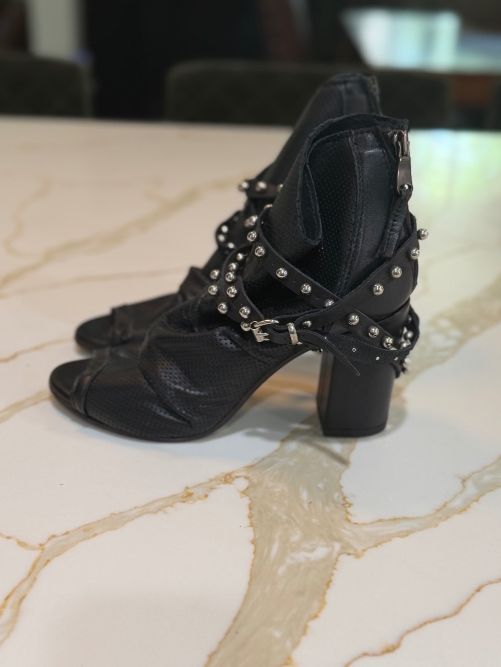 Black Perforated Leather Open Toe Booties